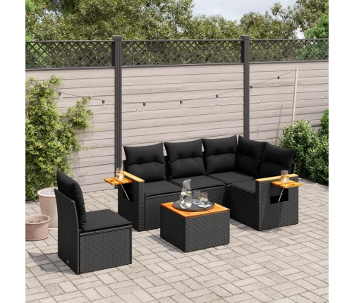 Set de sofás de jardín 6 piezas y cojines ratán sintético negro