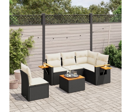 Set de sofás de jardín 6 piezas y cojines ratán sintético negro