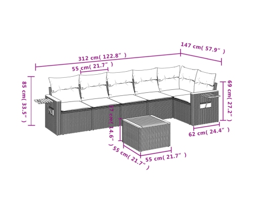 Set de comedor de jardín 7 pzas y cojines ratán sintético negro