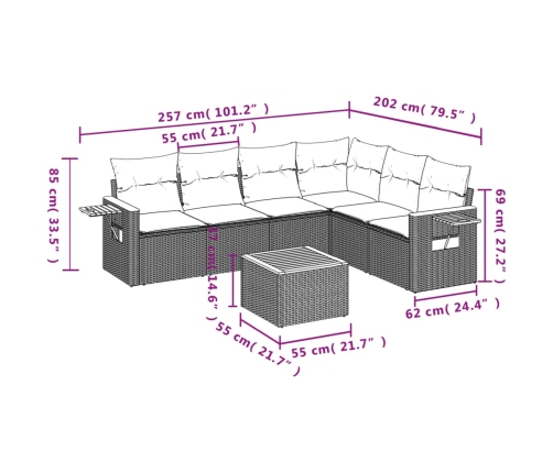 Set de comedor de jardín 7 pzas y cojines ratán sintético negro
