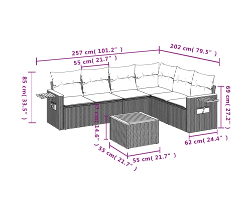 Set de sofás de jardín 7 pzas con cojines ratán sintético negro