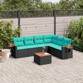 Set de sofás de jardín 7 pzas con cojines ratán sintético negro