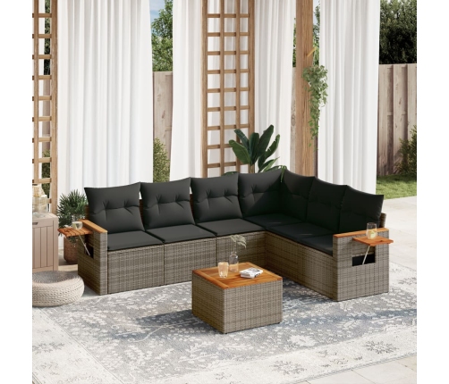 Set de sofás de jardín 7 piezas con cojines ratán PE gris
