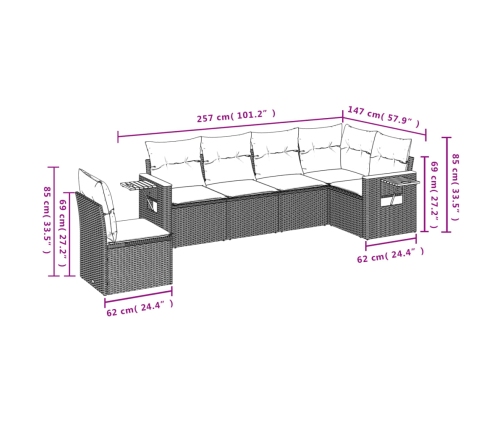 Set de sofás de jardín 6 pzas con cojines ratán sintético negro