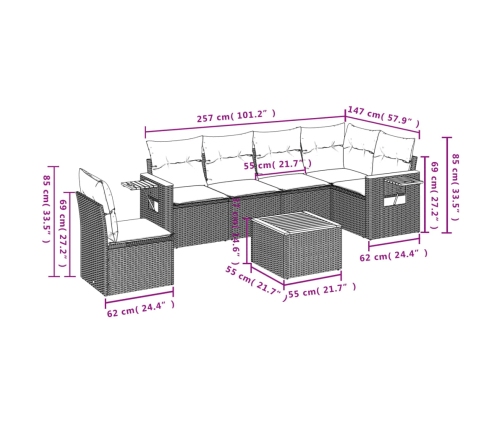 Set de comedor de jardín 7 pzas y cojines ratán sintético negro