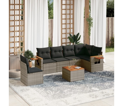 Set de sofás de jardín 7 piezas con cojines ratán PE gris