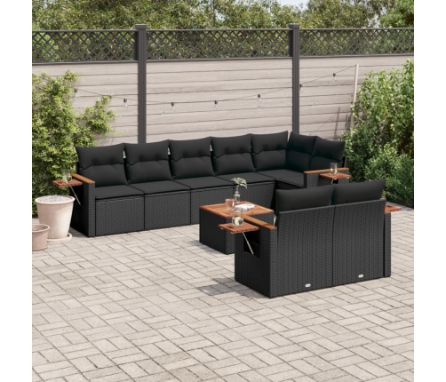 Set de sofás de jardín 8 piezas y cojines ratán sintético negro