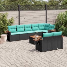 Set de sofás de jardín 9 pzas con cojines ratán sintético negro