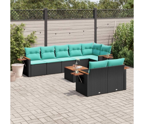 Set de sofás de jardín 9 pzas con cojines ratán sintético negro