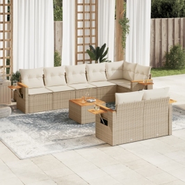 Set de sofás de jardín 9 pzas con cojines ratán sintético beige