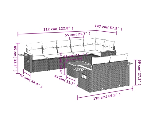 Set de sofás de jardín 9 pzas con cojines ratán sintético beige