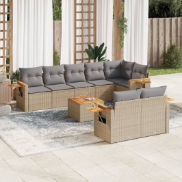 Set de sofás de jardín 9 pzas con cojines ratán sintético beige