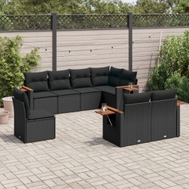 Set de sofás de jardín 8 piezas y cojines ratán sintético negro