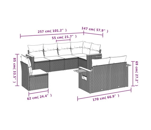 Set de sofás de jardín 8 pzas con cojines ratán sintético negro