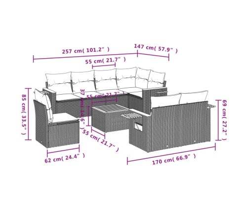 Set de sofás de jardín 9 pzas con cojines ratán sintético negro