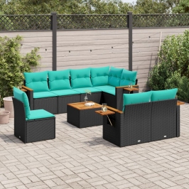 Set de sofás de jardín 9 pzas con cojines ratán sintético negro