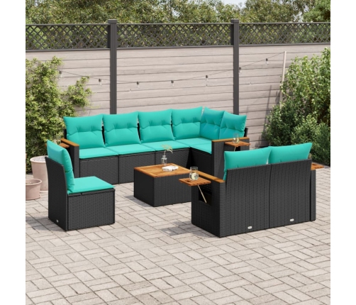 Set de sofás de jardín 9 pzas con cojines ratán sintético negro