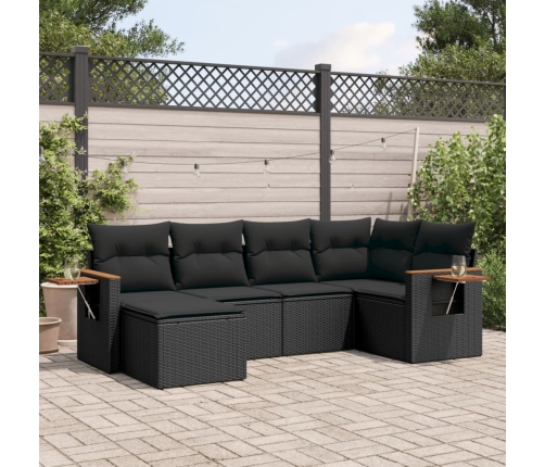 Set de sofás de jardín 6 piezas y cojines ratán sintético negro