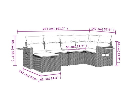 Set de muebles de jardín 6 pzas y cojines ratán sintético gris