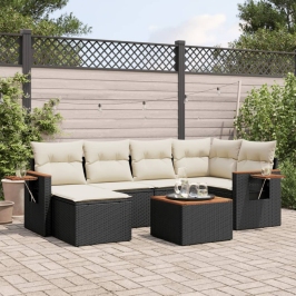 Set de comedor de jardín 7 pzas y cojines ratán sintético negro