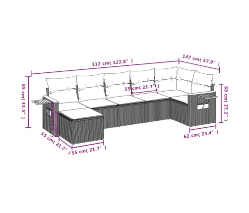 Set de comedor de jardín 7 pzas y cojines ratán sintético negro