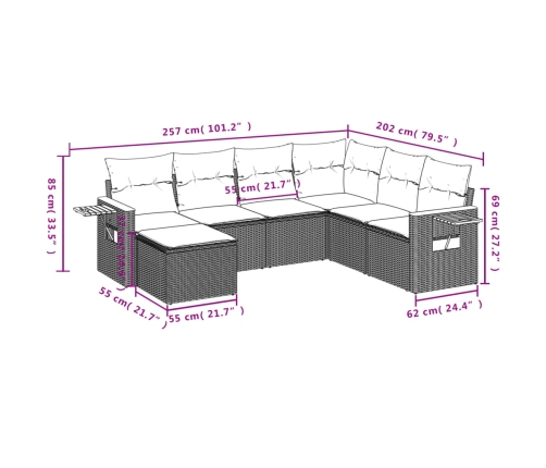 Set de comedor de jardín 7 pzas y cojines ratán sintético negro