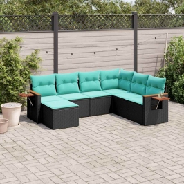 Set de sofás de jardín 7 pzas con cojines ratán sintético negro