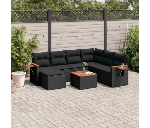 Set de sofás de jardín 8 piezas y cojines ratán sintético negro