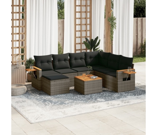 Set de sofás de jardín 8 pzas y cojines ratán sintético gris