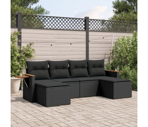 Set de sofás de jardín 6 piezas y cojines ratán sintético negro