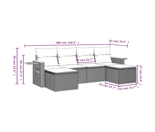 Set de muebles de jardín 6 pzas y cojines ratán sintético gris