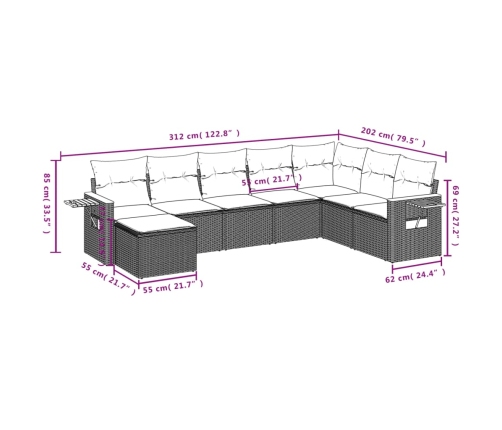 Set de sofás de jardín 8 pzas y cojines ratán sintético gris
