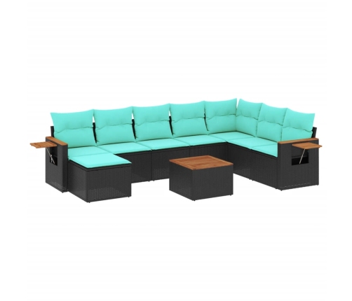 Set de sofás de jardín 9 pzas con cojines ratán sintético negro