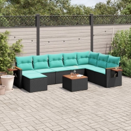 Set de sofás de jardín 9 pzas con cojines ratán sintético negro