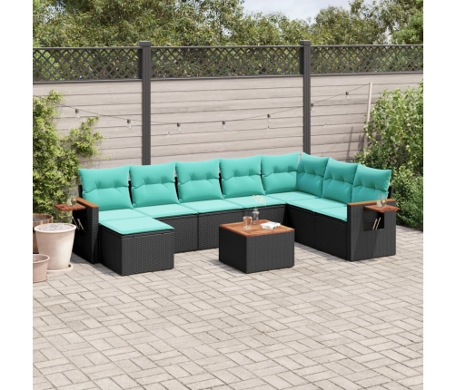 Set de sofás de jardín 9 pzas con cojines ratán sintético negro