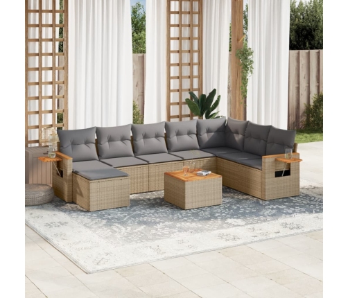 Set de sofás de jardín 9 pzas con cojines ratán sintético beige