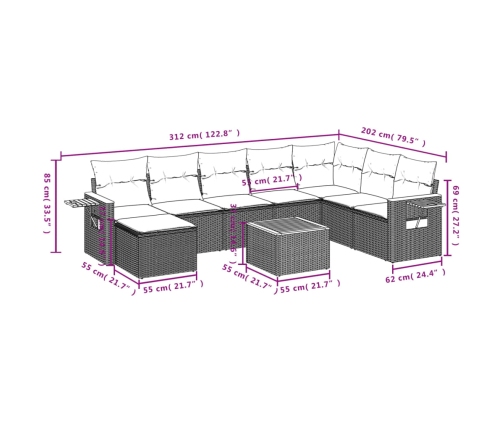 Set de muebles de jardín 9 pzas y cojines ratán sintético gris