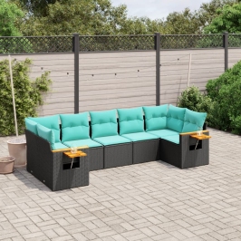 Set de sofás de jardín 7 pzas con cojines ratán sintético negro
