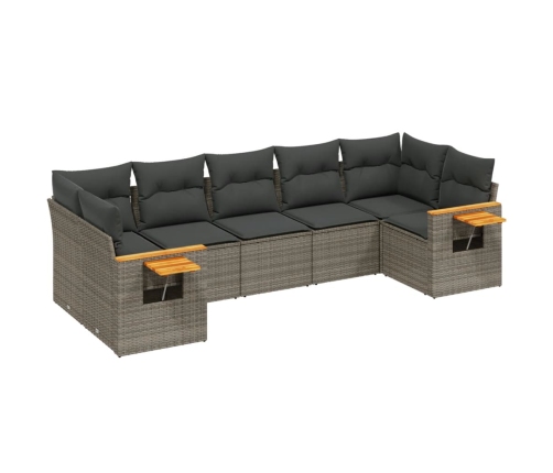 Set de sofás de jardín 7 piezas con cojines ratán PE gris