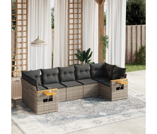 Set de sofás de jardín 7 piezas con cojines ratán PE gris