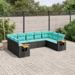 Set de sofás de jardín 9 pzas con cojines ratán sintético negro