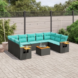 Set de sofás de jardín 10pzas con cojines ratán sintético negro