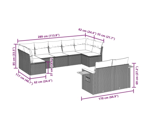 Set de sofás de jardín 9 pzas con cojines ratán sintético negro