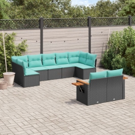Set de sofás de jardín 9 pzas con cojines ratán sintético negro
