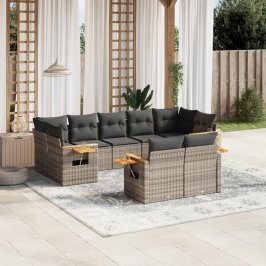Set de muebles de jardín 9 pzas y cojines ratán sintético gris