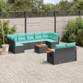 Set de sofás de jardín 10pzas con cojines ratán sintético negro