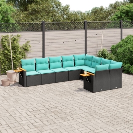 Set de sofás de jardín 9 pzas con cojines ratán sintético negro