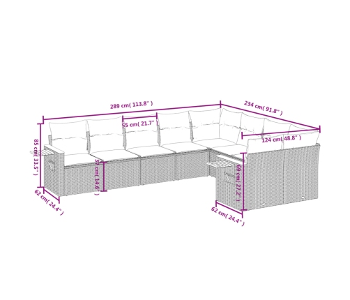 Set de muebles de jardín 9 pzas y cojines ratán sintético gris