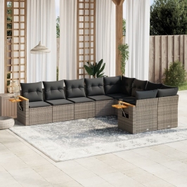 Set de muebles de jardín 9 pzas y cojines ratán sintético gris