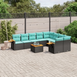 Set de sofás de jardín 10pzas con cojines ratán sintético negro